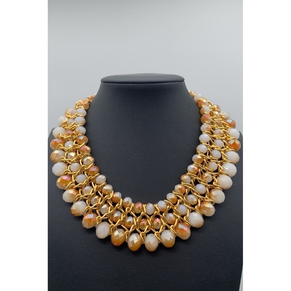 Stunning‎ Gold Tone Braided AB Coated Faceted Amber White Glass Crystal Necklace